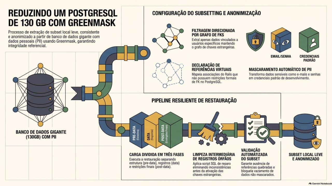 Reduzindo um Postgres de 130 GB a uma cópia local com Greenmask: o que funcionou e o que quebrou